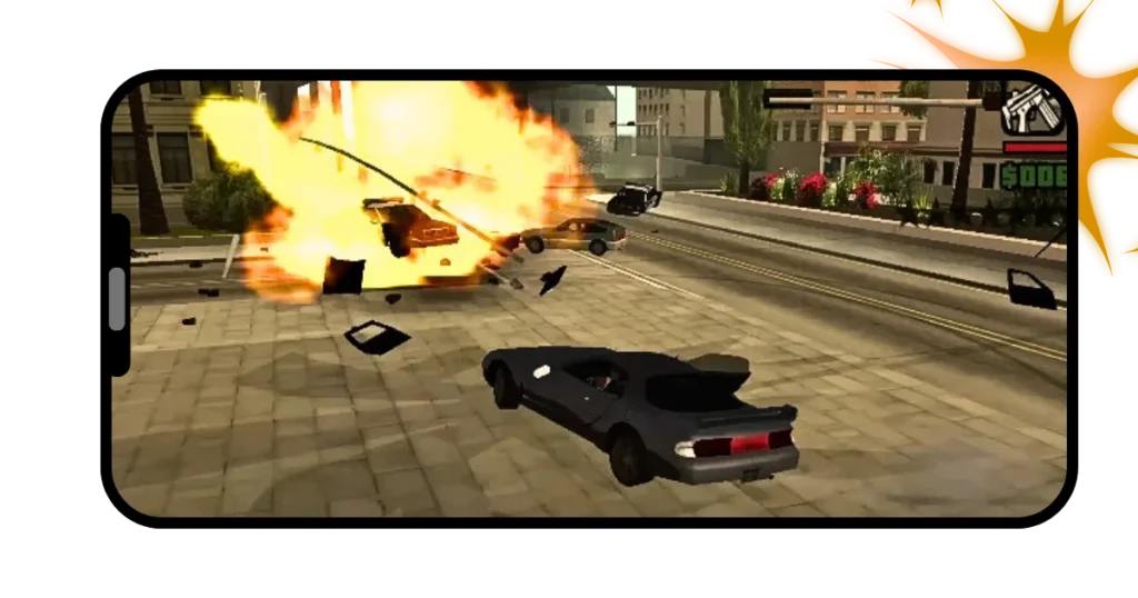Screenshot of an explosion near a car on the roadside